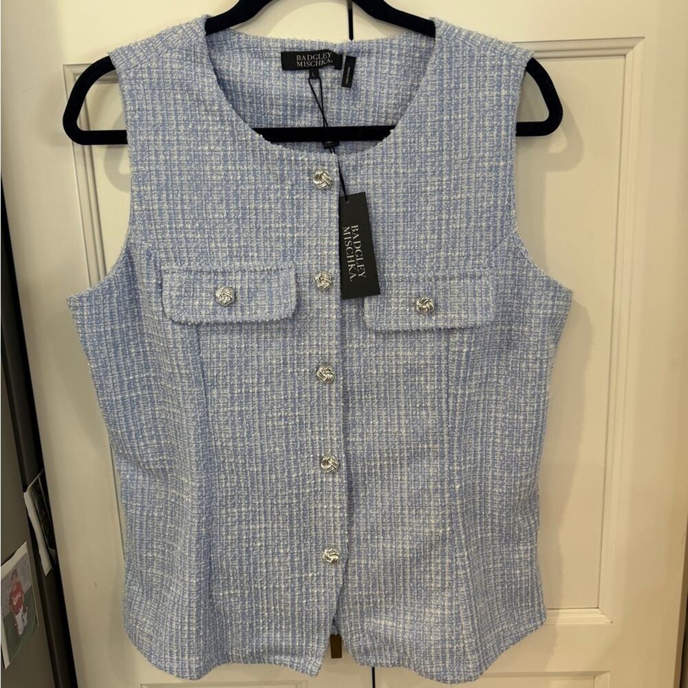 Badgley Mischka Cornflower Blue Tweed Sleeveless vest NWT Size Large